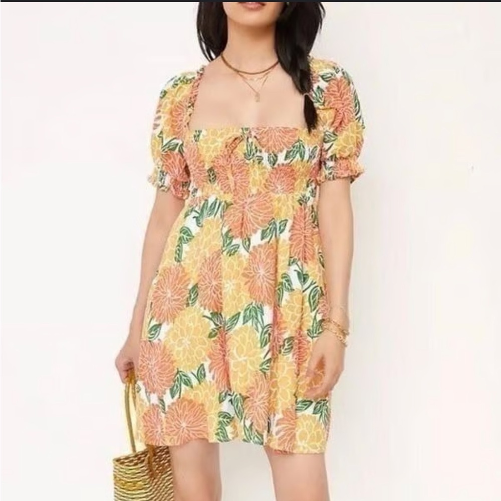 House‎ of Harlow 1960 Smocked Linen Dress Orange Flower Print Mini Size XS